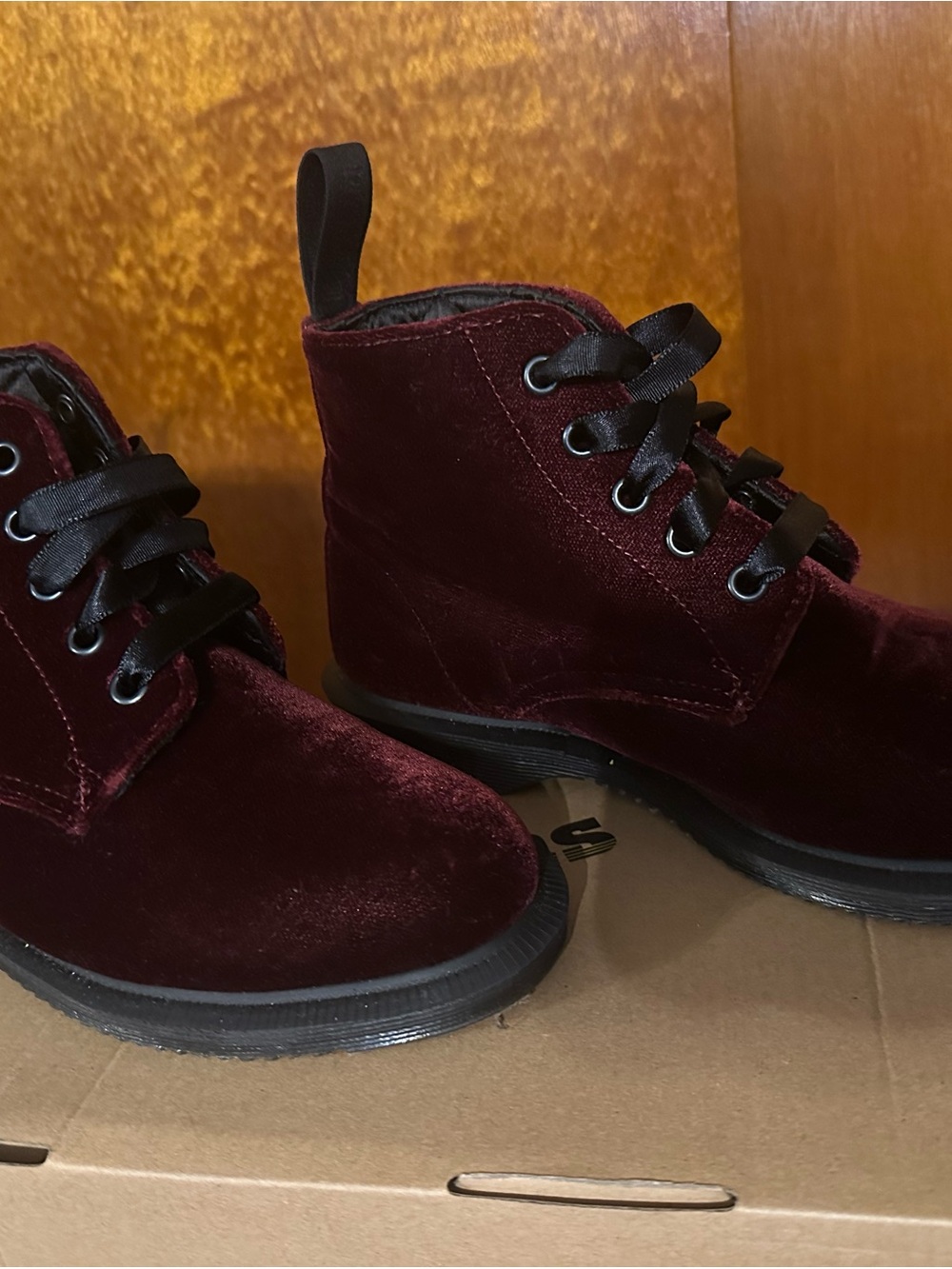 Dr. Martens Velvet Lace-Up Ankle Boots in Burgundy